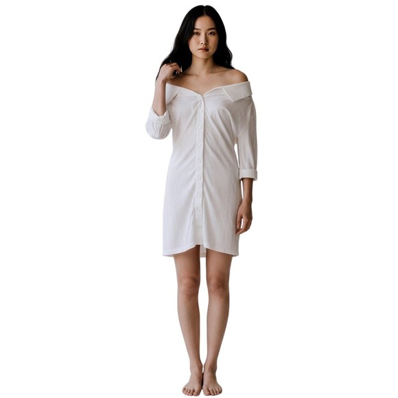 Jacquemus Size 10‎ Womens Off Shoulder Button Front Knit Shirt Dress White $600